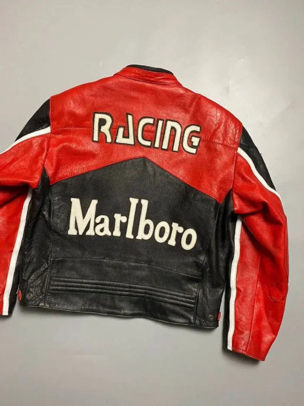 Back view of the black and red handmade Marlboro racing jacket with detailed leather work.