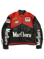 Front view of the red and black handmade Marlboro racing leather jacket with pockets and zipper cuffs.