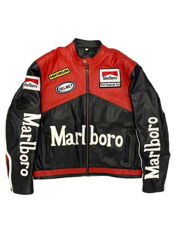 Front view of the red and black handmade Marlboro racing leather jacket with pockets and zipper cuffs.