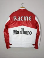 Back view of the handmade red and white Marlboro racing jacket showing the large logo and stitching.