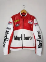 Front view of the red and white handmade Marlboro racing jacket with leather patches and a zipper.