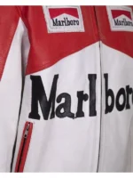 Front view of a retro 1990s leather biker jacket with ribbed cuffs and a zippered front closure.