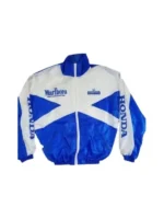 Front view of a vintage-style athletic windbreaker with embroidered automotive logos.