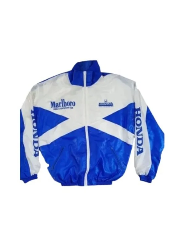 Front view of a vintage-style athletic windbreaker with embroidered automotive logos.