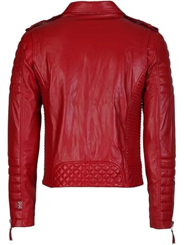 Close-up of a leather biker jacket featuring a snap-tab collar and multiple zipper pockets.