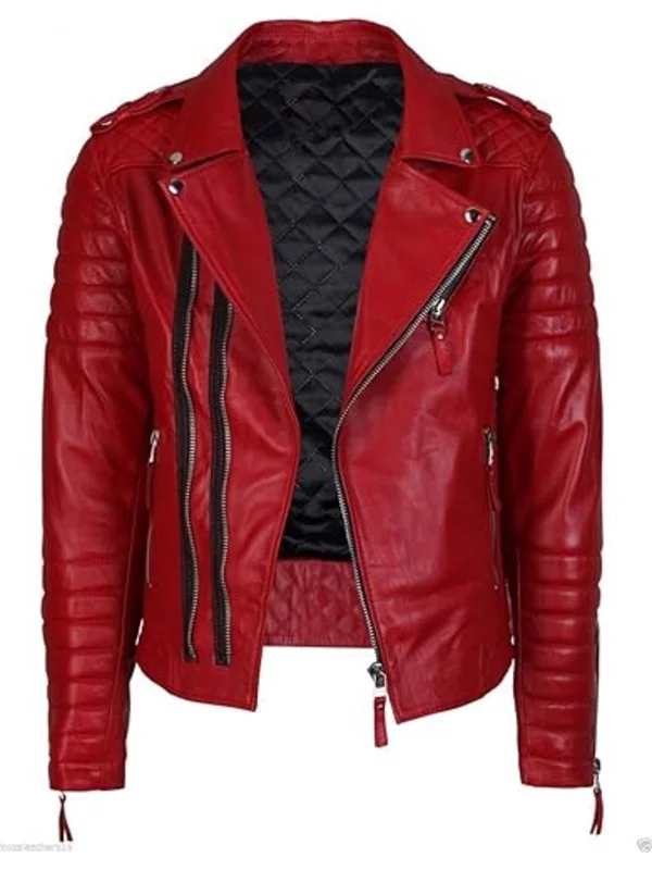 Mens distressed leather jacket with a vintage finish and classic biker silhouette.