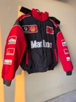Men's Marlboro Ferrari racing vintage puffer jacket featuring a stand-up collar and front zipper.
