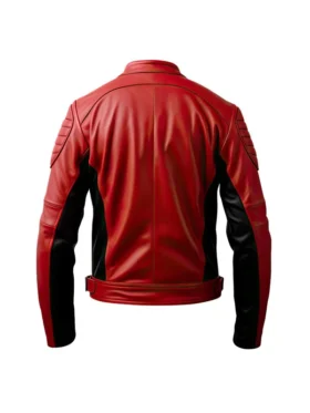 Slim-fit leather racing jacket for men with distinct black contrast panels on the sleeves.