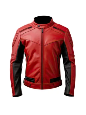 Mens genuine leather biker jacket with a snap-tab collar and zippered front closure.