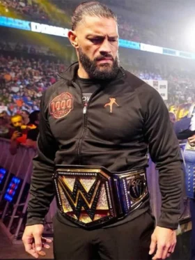 Premium recreation of a professional wrestling personality’s entrance jacket with graphic chest logos.