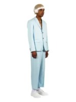 Male model side view wearing Tyler the Creator Igor powder blue full suit with blond wig on white background