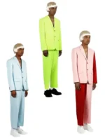 Three models wearing Tyler the Creator Igor costume in blue lime and pink with red trousers with blond wigs on white background