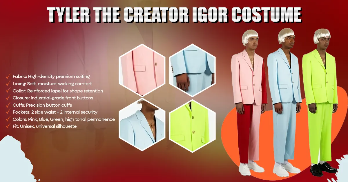 Tyler the Creator Igor costume infographic showing blue, lime and pink red suit variants with key fabric and fit specifications
