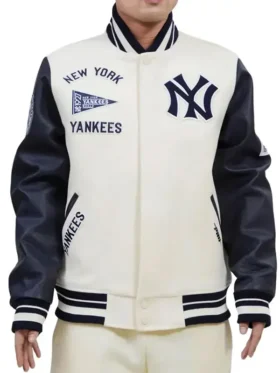 Front view of the Unisex New York Classic Oversized Varsity Jacket with team branding.