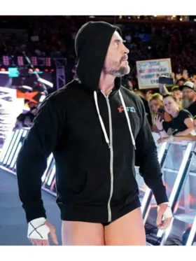 Men's long-sleeve fleece outerwear with sticker or sublimation design details.