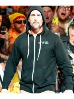 Full-zip fleece athletic hoodie with a hooded collar and ribbed cuffs.