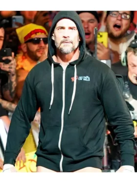 Full-zip fleece athletic hoodie with a hooded collar and ribbed cuffs.