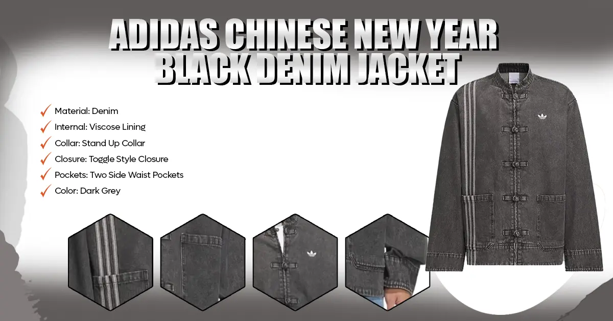 Infographic layout of the Adidas Chinese NY Black Denim Jacket.