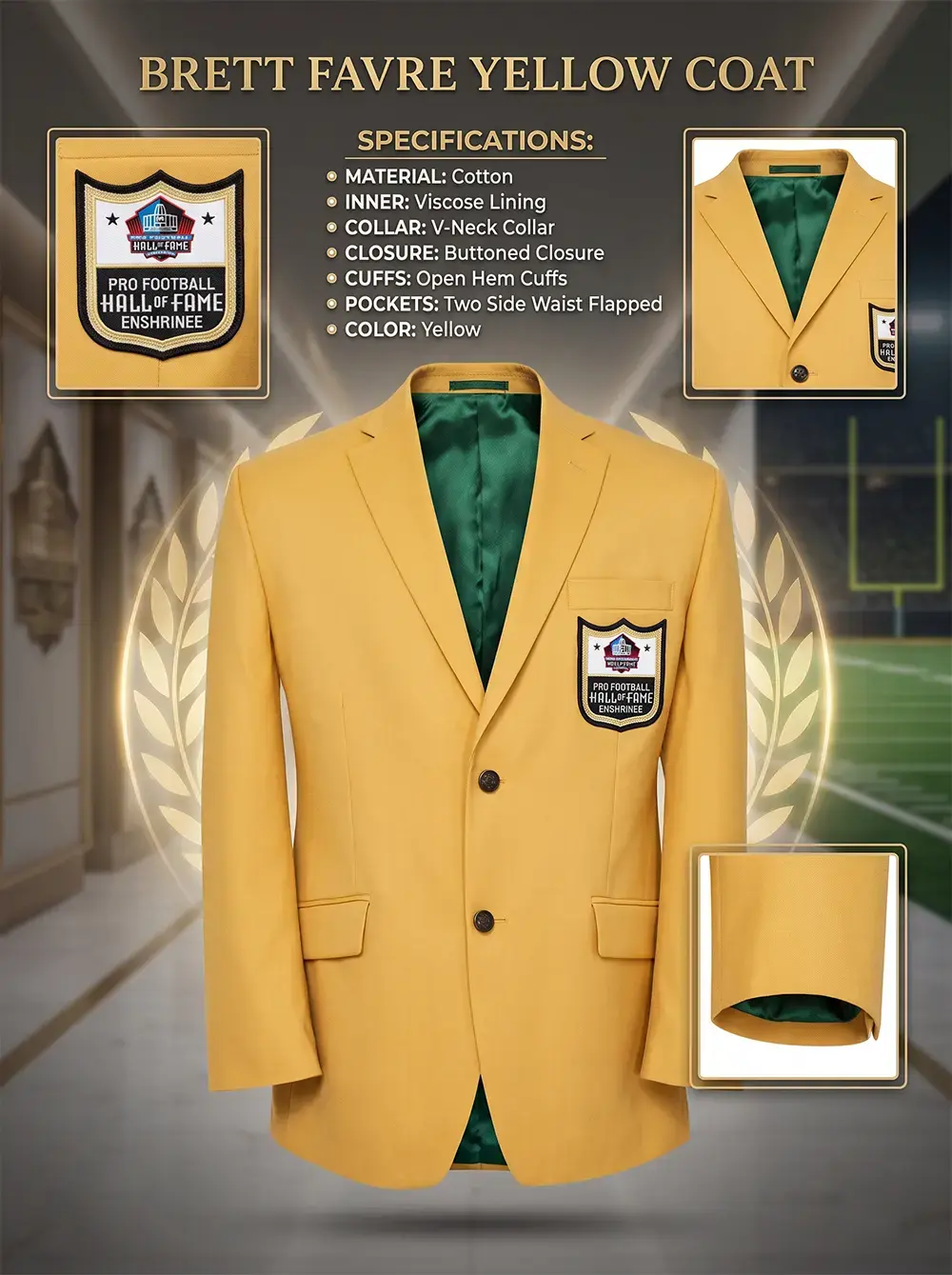 A gold-yellow cotton blazer jacket featuring a contrasting green interior lining and an enshrinement shield patch on the chest pocket.