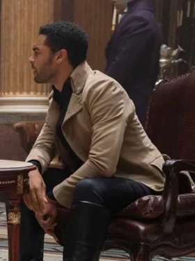 Mens formal wool tailcoat featuring a standing notch lapel collar and buttoned closure inspired by Regency-era fashion.