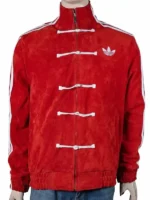 A vibrant red suede leather jacket for Chinese New Year featuring white traditional toggle-style closures and a stand-up collar.