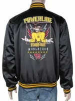 Disney Powerline Tour Bomber Jacket featuring black satin fabric, yellow "POWERLINE" text on the chest, and striped rib-knit trim.