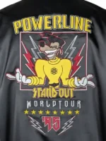 Front and back view of a black satin Disney Powerline Tour Bomber Jacket featuring yellow "Powerline" embroidery on the front and a large "Stand Out World Tour '95" graphic on the back.