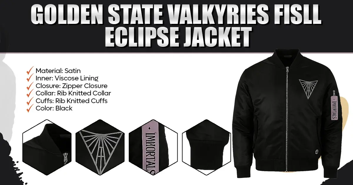 Model wearing a sleek black Golden State Valkyries FISLL Eclipse satin jacket featuring a geometric team logo on the chest and an "Immortals" text ribbon on the sleeve pocket.