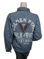 Golden State Valkyries Denim Jacket back view showcasing the large, high-definition team insignia.