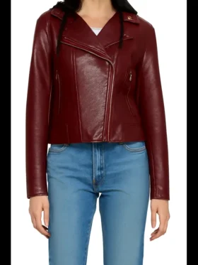 Ladies Faux Leather Moto Hooded Jacket