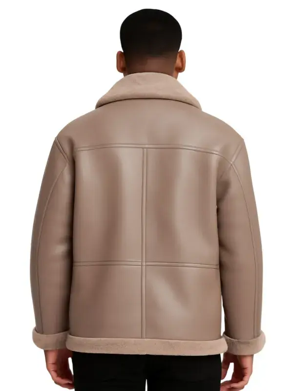 Oversized Taupe Leather Jacket with Shearling Cuff & Collar
