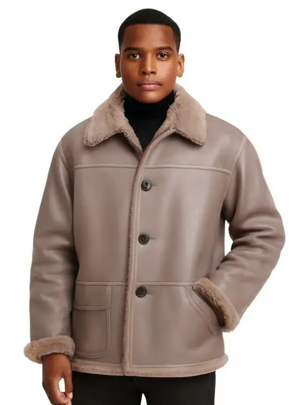 Oversized Taupe Leather Jacket with Shearling Cuff & Collar