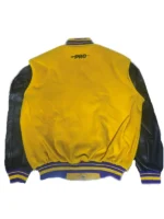 The back of a black Los Angeles Lakers Mash Up jacket featuring a large tonal chenille Lakers logo and NBA anniversary patches.