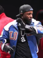 Stylish Super Bowl LIX Halftime Show Kendrick Lamar Blue Leather Jacket.