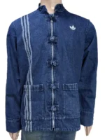 Front view of the Adidas Chinese New Year Blue Denim Jacket with a button closure.
