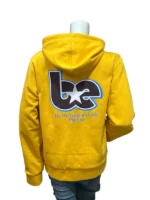 The back view of the Billie Yellow Tour Zip Hoodie showing the hood and clean finish.