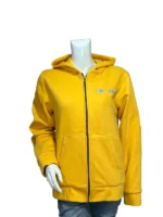 A front view of the bright Billie Yellow Tour Zip Hoodie with a zipper closure.