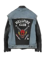 Back view of Eddie Munson Hellfire Club jacket featuring the iconic large demon logo on blue denim