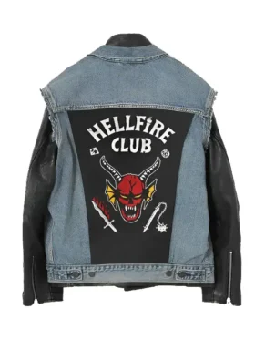 Back view of Eddie Munson Hellfire Club jacket featuring the iconic large demon logo on blue denim