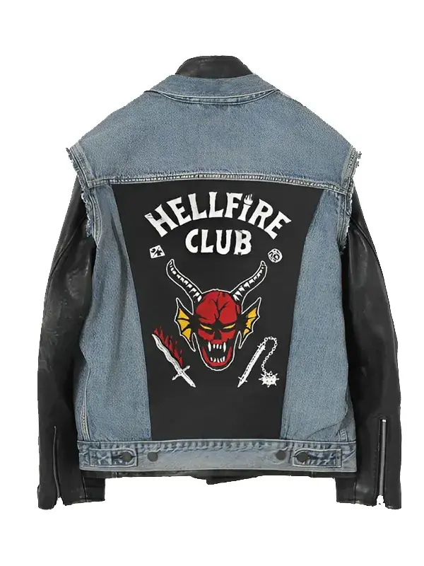 stranger-things-hellfire-club-eddie-munson-jacket-back-side-view Back view of Eddie Munson Hellfire Club jacket featuring the iconic large demon logo on blue denim