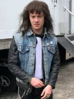 Full front view of Stranger Things 4 Eddie Munson jacket with blue denim vest and black leather sleeves