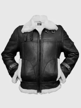 Men's sheepskin aviator jacket with white faux fur lining and buckle collar.