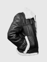 Close-up of a zippered leather bomber jacket with thick white inner lining.