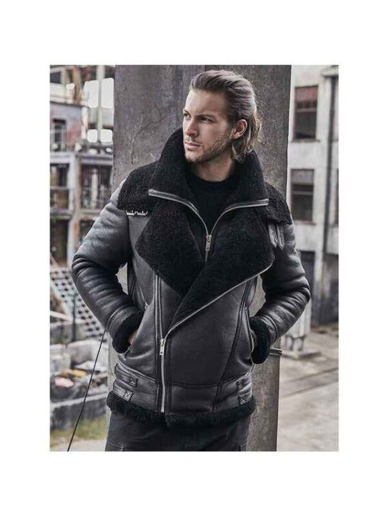 B3-Bomber-Jacket-Sheepskin-Shearling-Coat-Motorcycle-Classic-Leather-Black