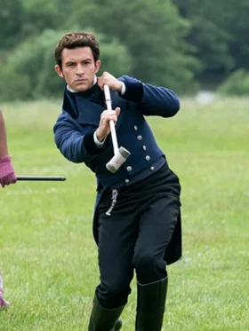 Lord Anthony Bridgerton Regency-style tailcoat with double-breasted button closure and lapel collar.