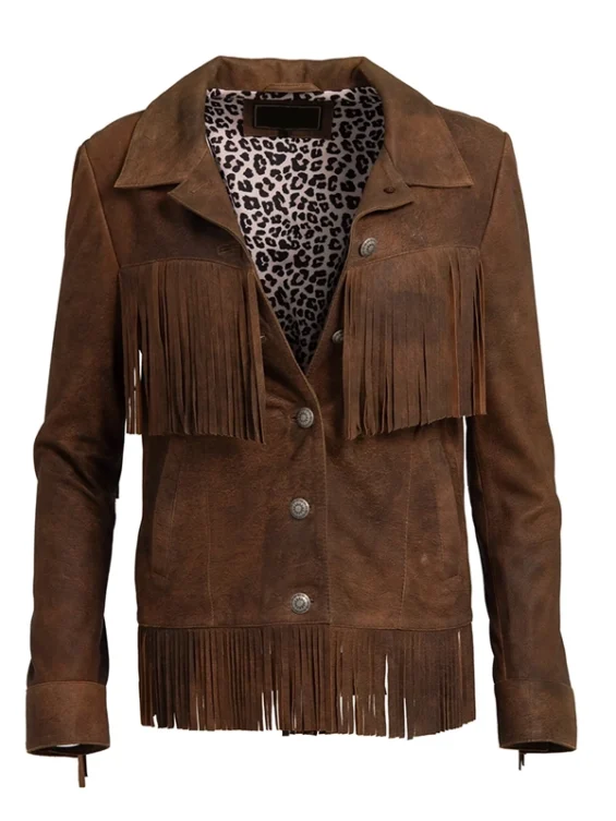 Brown Leather Fringe Jacket For Women