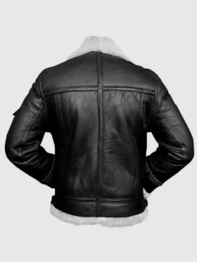Rear view of a black leather shearling jacket showing shoulder construction.