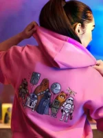 Rear view of a fleece zip-up hoodie featuring a row of iconic galactic characters printed on the back.