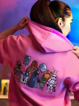 Rear view of a fleece zip-up hoodie featuring a row of iconic galactic characters printed on the back.
