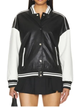Womens Black and White Varsity Leather Bomber Jacket